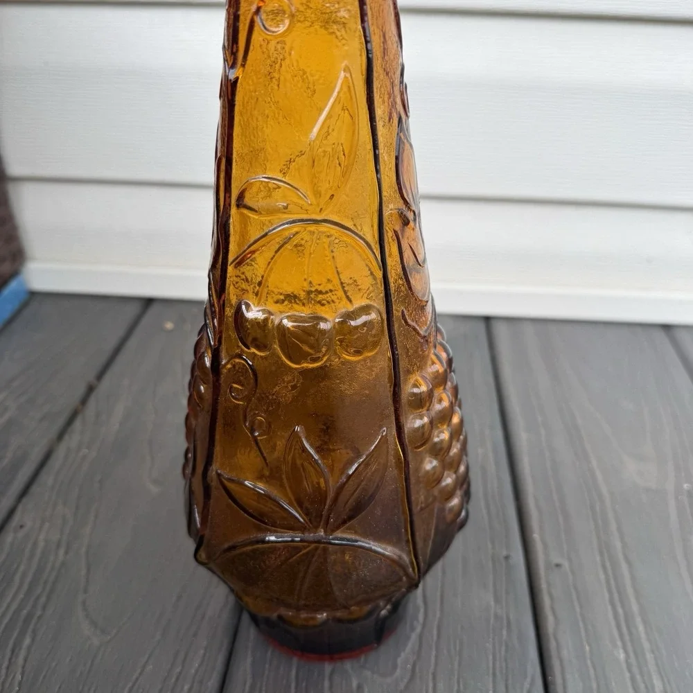 Vintage Empoli Amber Glass Decanter Fruit Grape Embossed Genie Bottle Stopper